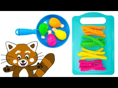 Lek och lär dig färger med Pukkins - Den röda pandan lagar rolig mat i trolldeg/lera