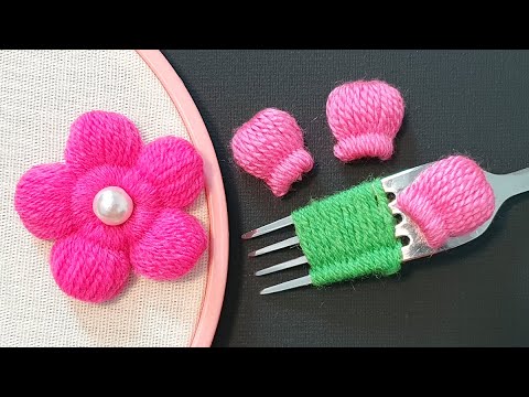 Amazing Woolen Flower Making with Fork - Diy Wool Craft Ideas - How to No Crochet Flower at Home