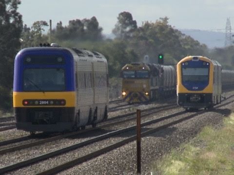 Three trains cross!  Endeavour, Hunter and coal train - Railways in NSW, Australia