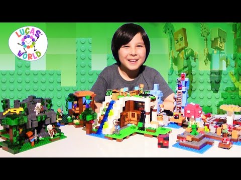 Lucas' World - 6 NEW LEGO MINECRAFT Play Sets Witch Hut Waterfall Base Jungle Temple Lucas World Toys Review