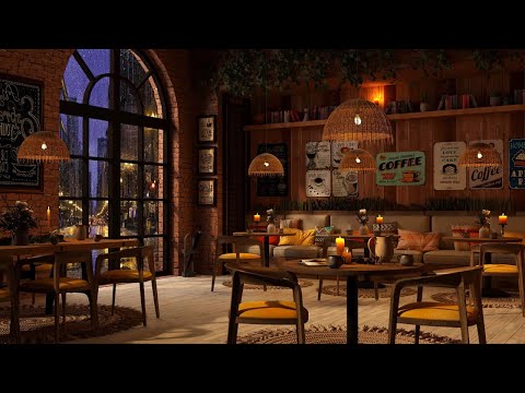 Rainy Night Coffee Shop Ambience with Muffled Jazz Music Playing Slowly and Rain Sounds