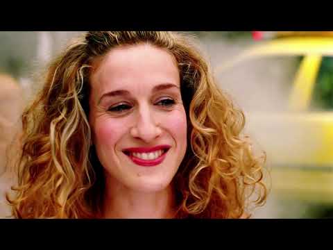 Sex and the City opening titles frame — Carrie’s tutu splash and Times Square neon, Seasons 1–4 remaster