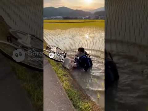 女子高生が自転車で田んぼに転倒する