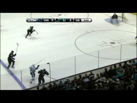 Aaron Volpatti crunching Matt Irwin 27 Jan 2013 Vancouver Canucks vs SJ Sharks NHL hockey