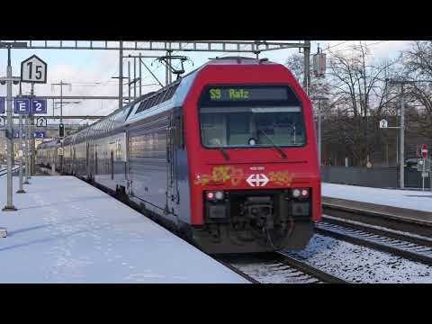 Zurich Oberglatt SBB S9 train destination Rafz leaving railway station.