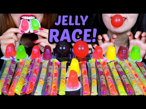 JELLY RACE! GIANT GRAPE JELLY, JELLY NOODLES, JELLY CUPS, JELLY STRAWS *PART 2 REMATCH | Kim&Liz Too