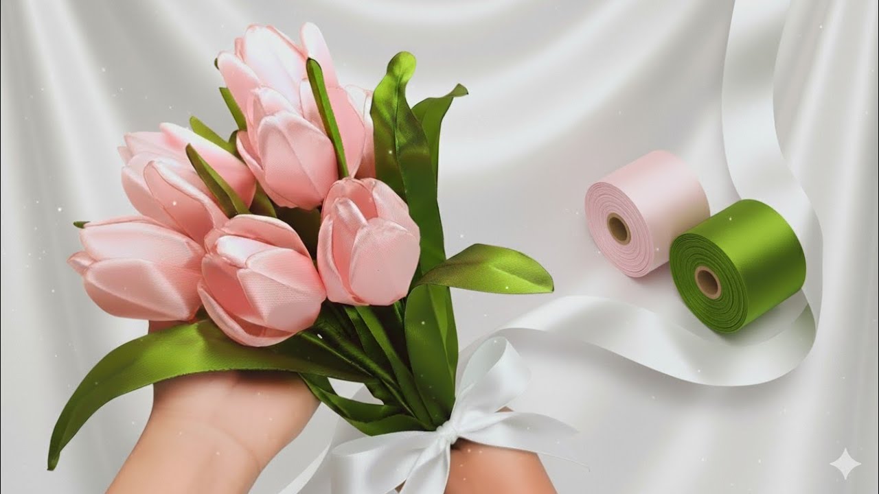 DIY tulips/how to make satin ribbon flowers tulips easily/flower making tutorial
