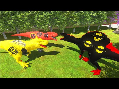 TRANFORMER T-REX vs BATMAN SPINO vs DEADPOOL T-REX  DEATH RUN - Animal Revolt Battle Simulator