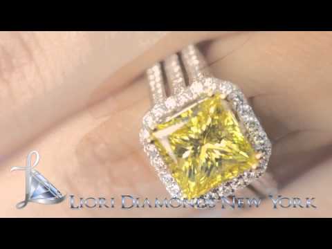 FD-SOLD-040- 5.82 Carat Fancy Yellow Princess Cut Diamond Engagement Ring 18k Gold Pave Halo