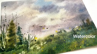 Watercolor Landscape: Serene Sky and Grassy Field