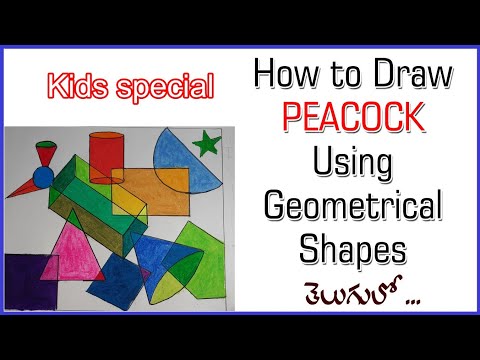 Drawing Class 18 - draw a picture (Peacock) by using geometrical shapes in telugu. 