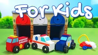 Rescue Garage & Keys Police, Ambulance, Fire Engine wooden toy cars - learning video for kids