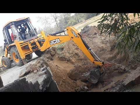 JCB Backhoe Breaking and Pulling Bridge Wall - JCB Working For New Bridge Construction - JCB Video