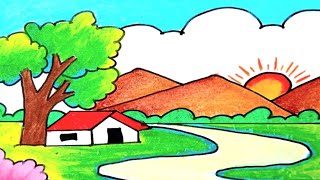 Easy landscape drawing for kids and beginners|Learn house and nature simple painting|Nature scenery