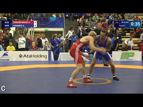 Round 2 GR - 63 kg: A. SEREBRINNIKO (RUS) df. A. HAMMER (NOR) by TF, 8-0