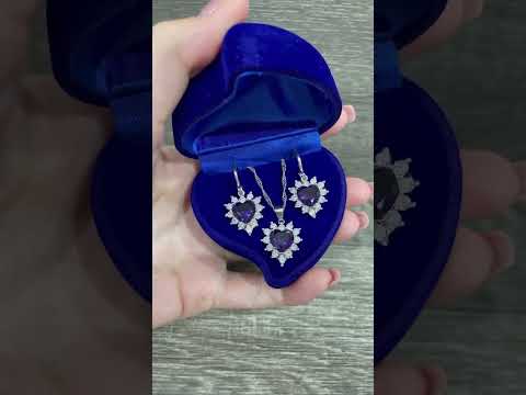 Набор "Сердечки Аметист в серебре" колье и серьги из ювелирного сплава и цирконов оригинальный подарок девушке - фото 3 - id-p1861407646