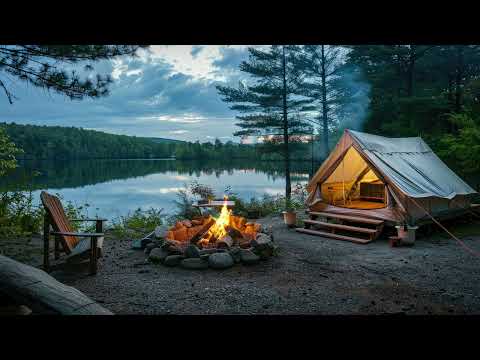 Calming Fire Sounds by the Lake on Camping day with Cozy Nature Sounds for Relaxing