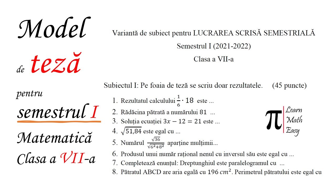 Model Teza Matematica Clasa a VII a Semestrul I 2021 2022