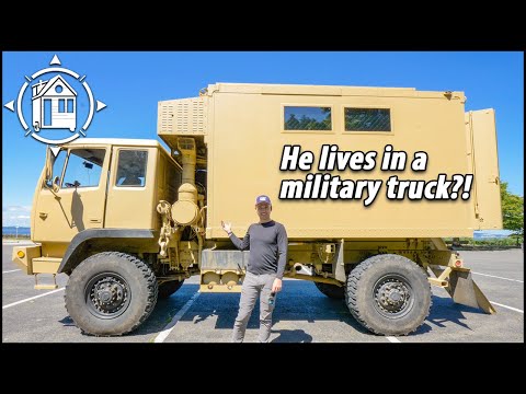 Army truck turned Tiny Home w/ bathroom, elevator bed & more