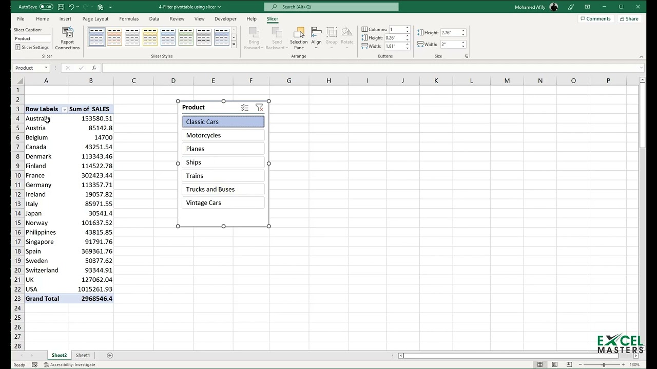 Filter a PivotTable using slicers