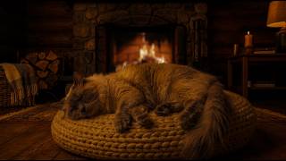 😴Stress Melts Away: Purring Cat & Crackling Fire Sounds🐾Cozy Cabin Ambience All Night for Deep Sleep