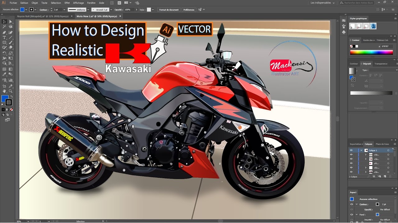 NEVER SEEN ON ILLUSTRATOR !!! Realistic Kawasaki Motorcycle drawn in Adobe Illustrator