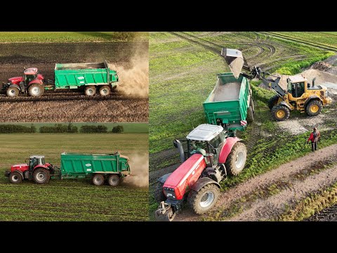 VOLVO L70F Radlader belädt MASSEY FERGUSON 8470 & CASE PUMA 230 & TEBBE Streuer mit Kalk / 4K
