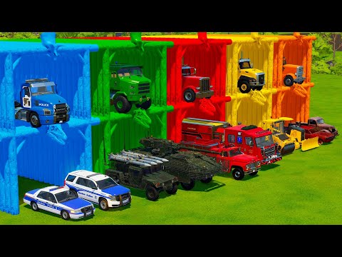 TRANSPORTING POLICE CARS, MILITARY VEHICLES & FIRE ENGINES WITH BIG TRUCKS! Farming Simulator 22