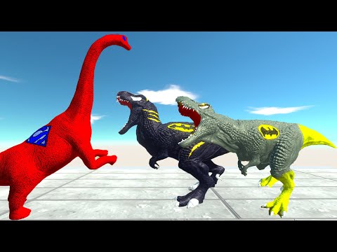 SPIDERMAN BRACHIOSAURUS vs 2x T-REX BATMAN DEATH RUN - Animal Revolt Battle Simulator