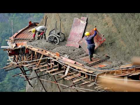 Extremely Dangerous Road Construction Projects On The Cliff. Milling & Paving Process