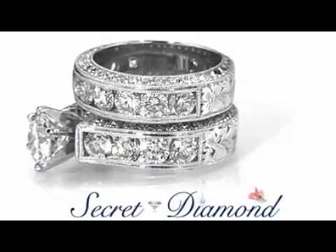 Round Antique Style Engagement Ring Set-White Gold-Platinum-Palladium