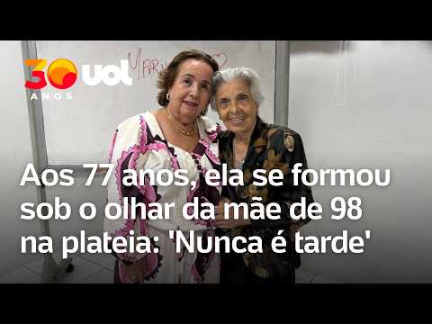 Educação na terceira idade: Idosa de 77 anos se forma em Design com a mãe de 98 na plateia