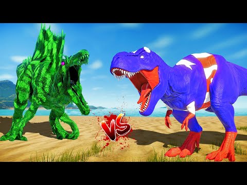 T-Rex Captain America vs Winged I-Rex Spider-Man vs Green Spinosaurus Dinosaurs Fighting 🌍 JWE
