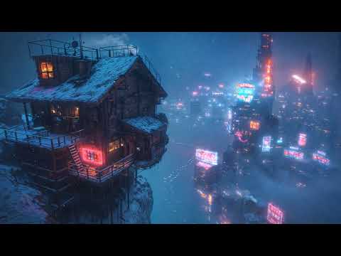 Lofi Zen – Lo-fi Beats from a Snow Covered Cabin Above the Neon City | Chill, Focus, or Sleep | 4K