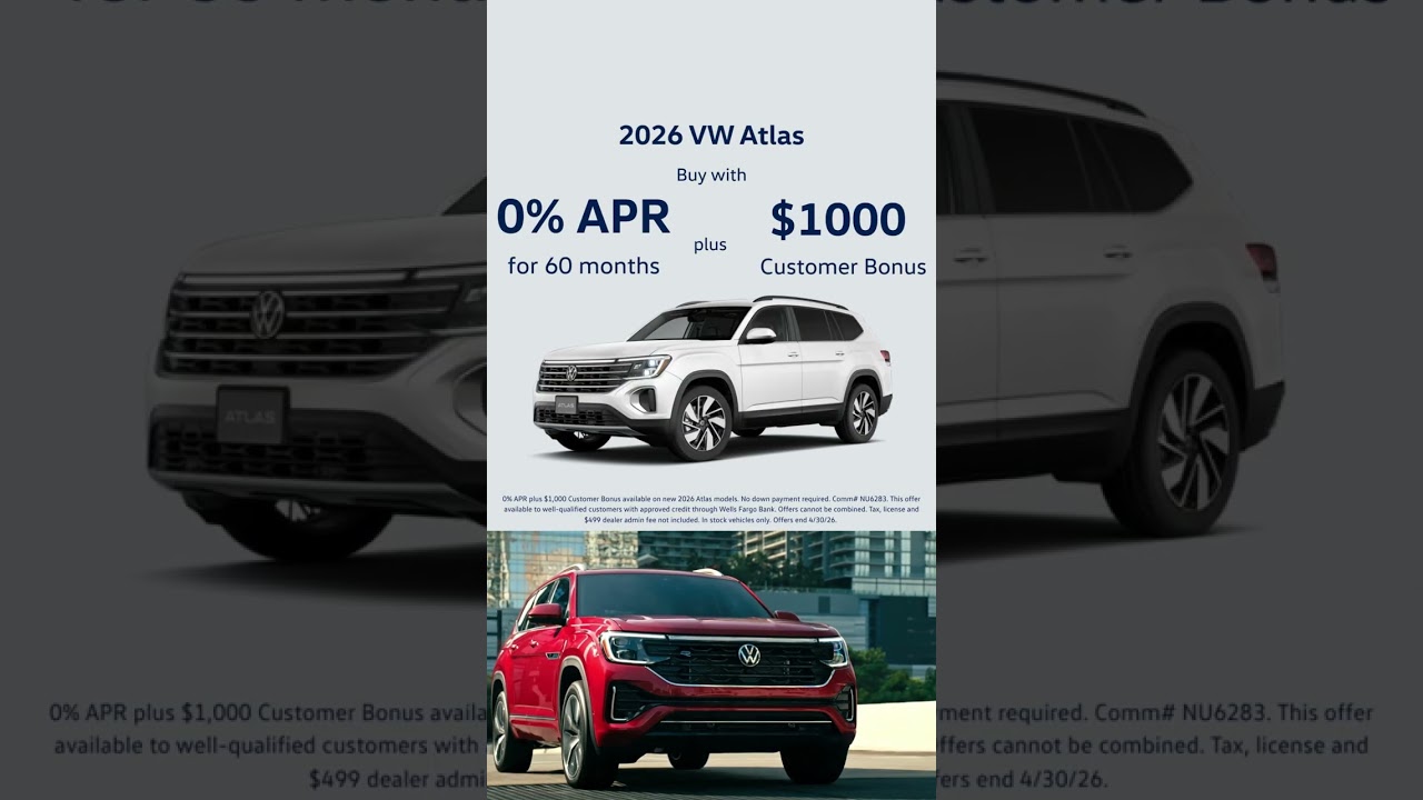 2026 VW Atlas and Tiguan March offer ads for Bud Brown Volkswagen