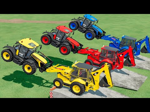 GARAGE OF COLORS ! JCB TRACTORS LOADING  TRANSPORTING TO GARAGE WITH CAT BACKHOE LOADERS ON TRUCKS!