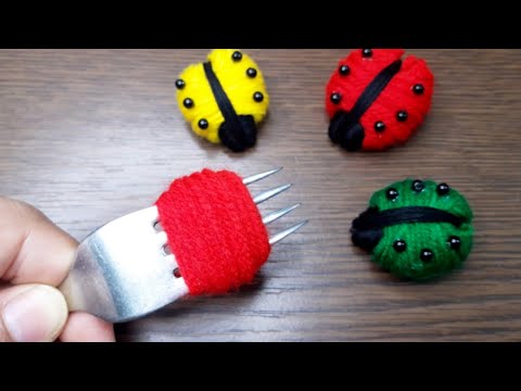 Super Easy woolen Craft idea With Fork. Amazing Ladybug Making Trick With Yarn