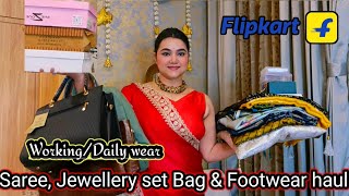 Flipkart Working/Daily Wear Saree, jewellery set, Footwear & bag haul @PoojaRikichoyal 