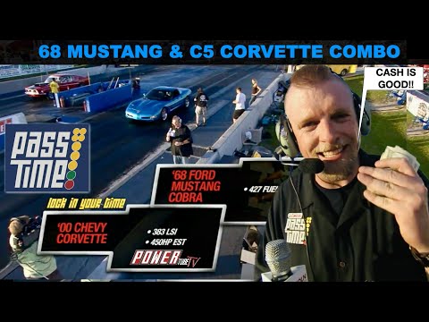 PASS TIME -  Drag Racing Gameshow! 68 Mustang & C5 Corvette What's the Combined Time? -Full Episode