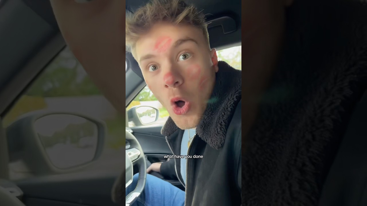 Kissing my fiancé before he goes out with red lipstick #couple #prank