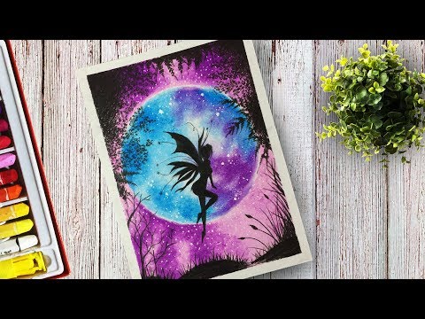 How to draw Fairy at Moonlight Scenery With Oil Pastel step by Step