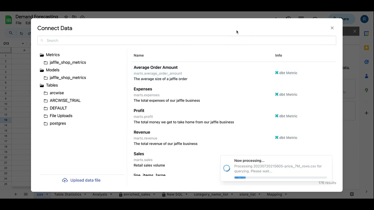 13. Upload 7 million row csv and run spreadsheet functions