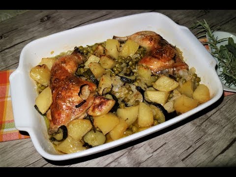 OVEN-BAKED CHICKEN LEGS WITH POTATOES AND PEAS
