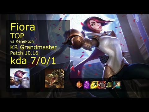 Fiora vs Renekton Top - KR Grandmaster 7/0/1 Patch 10.16 Gameplay // [롤] 피오라 vs 레넥톤 탑