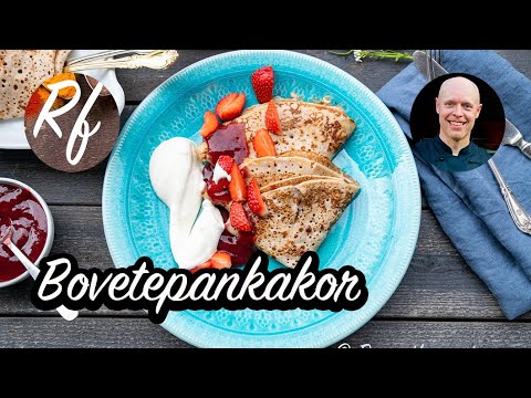 Bovetepannkakor är pannkakor med bovetemjöl istället för vetemjöl. Pannkakorna är glutenfria. Passar att servera som vanliga pannkakor med sylt och grädde.>