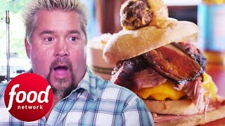 Guy Fieri Tastes The BBQ Meat-Filled WTF Burger | Diners, Drive-Ins & Dives