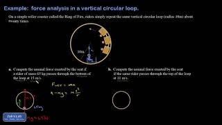 Computing normal force for a roller coaster rider at the top and bottom of a loop.