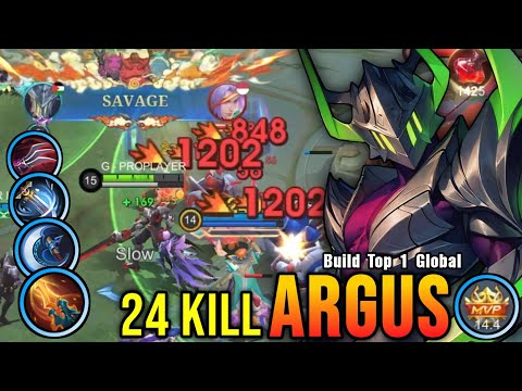 24 Kills + SAVAGE!! Offlane Monster Argus Brutal Critical Damage!! - Build Top 1 Global Argus ~ MLBB