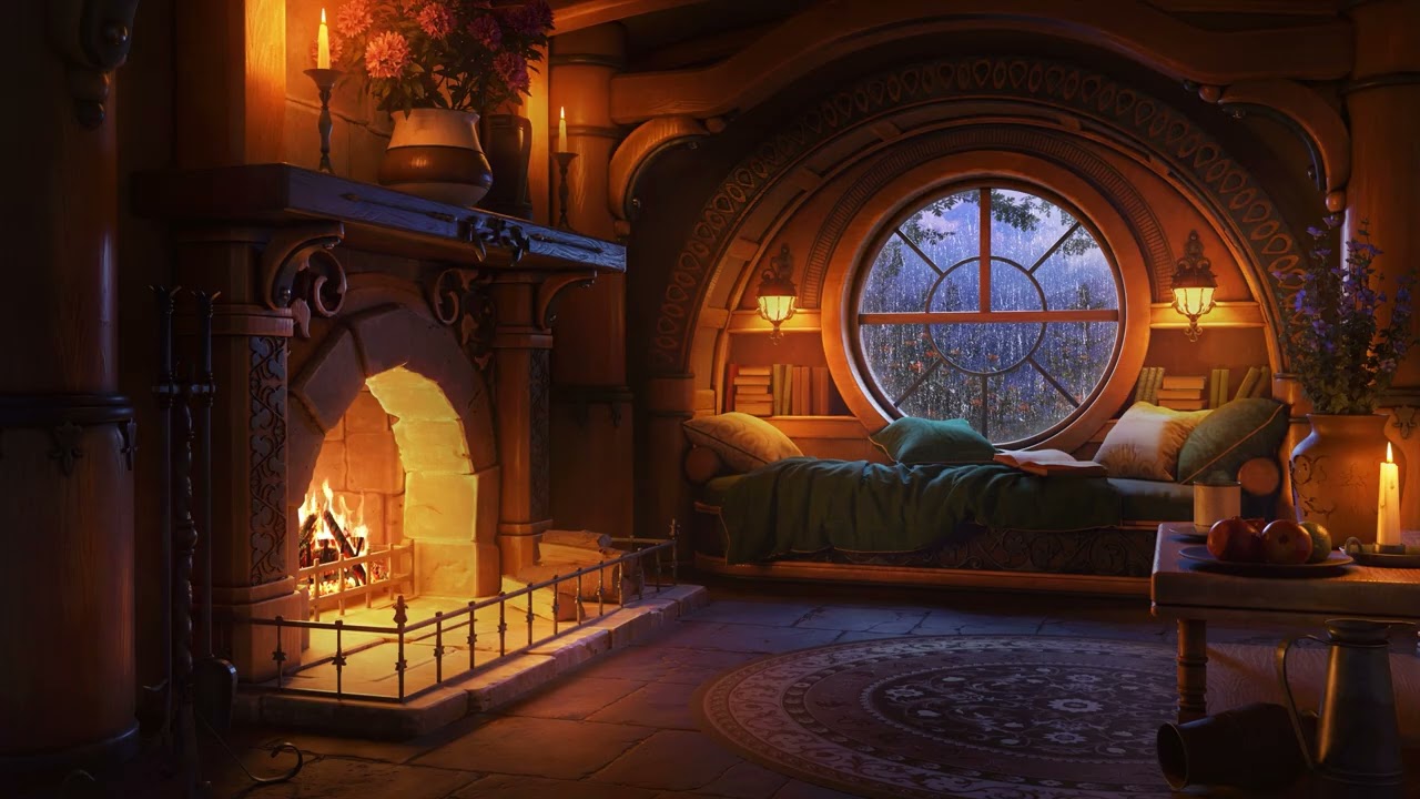 Fall Asleep to Rain and Fireplace Sounds | The Hobbit Nook