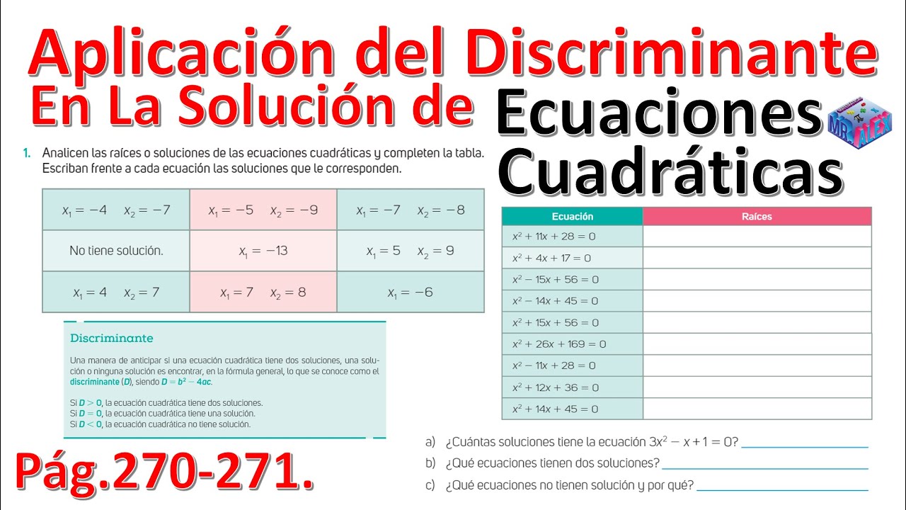 Aplicación del discriminante en la solución de ecuaciones cuadráticas página 270 y 271